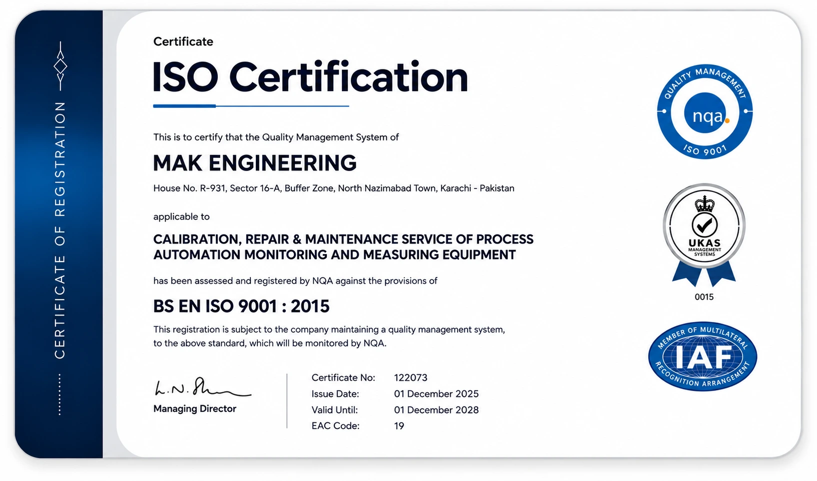 MAK Engineering ISO 9001:2015 Certificate